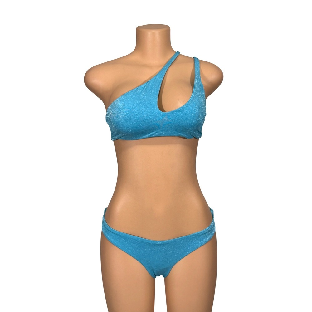 Bloomingdales‎ Exclusive Turquoise Shimmer One Shoulder Cutout Bikini Set Medium